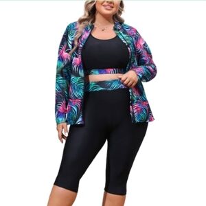 Hanna Nikole Women's Plus Size 3 Piece Long Sleeve Zipper Rash Guard Swimsuit